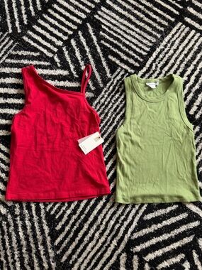 Good American Olive Ribbed Tank & Bright Red Cami Set